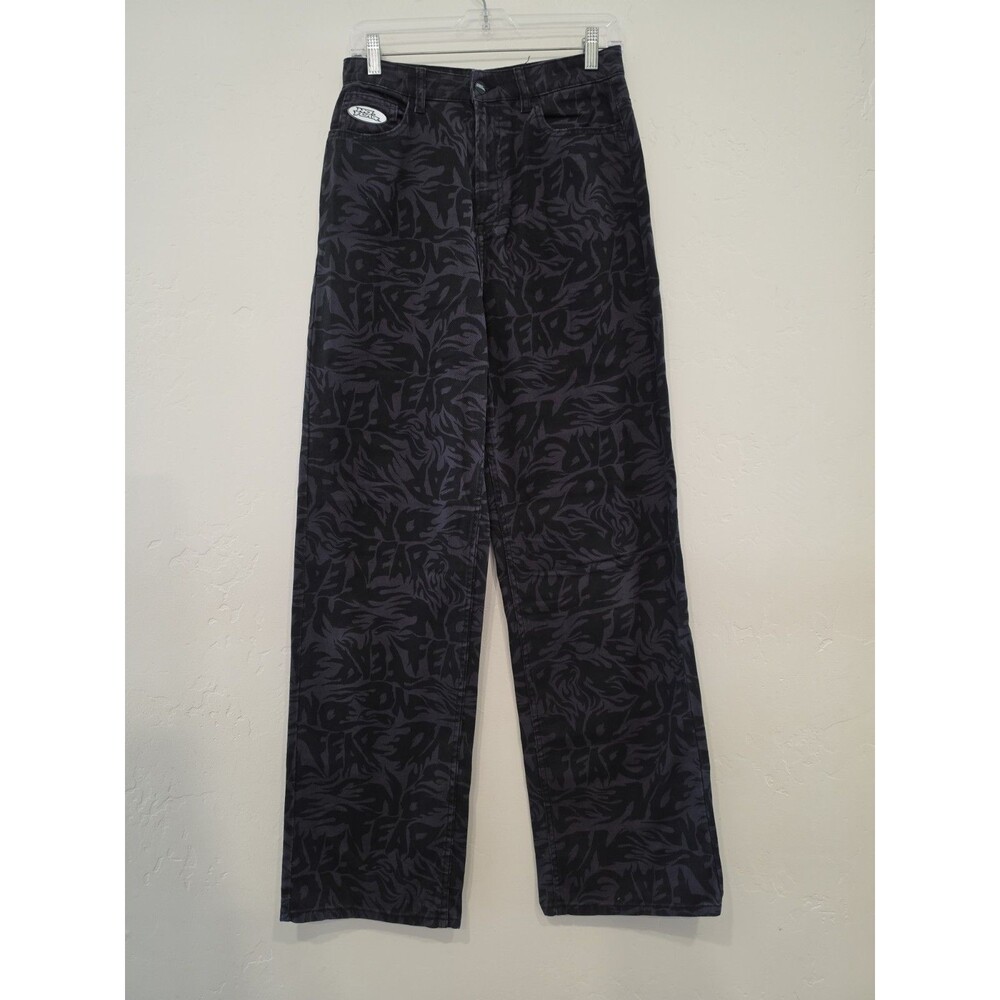 H&M X NO FEAR Jeans Womens 6 Black All Over Print Denim Pants Straight Leg Skate